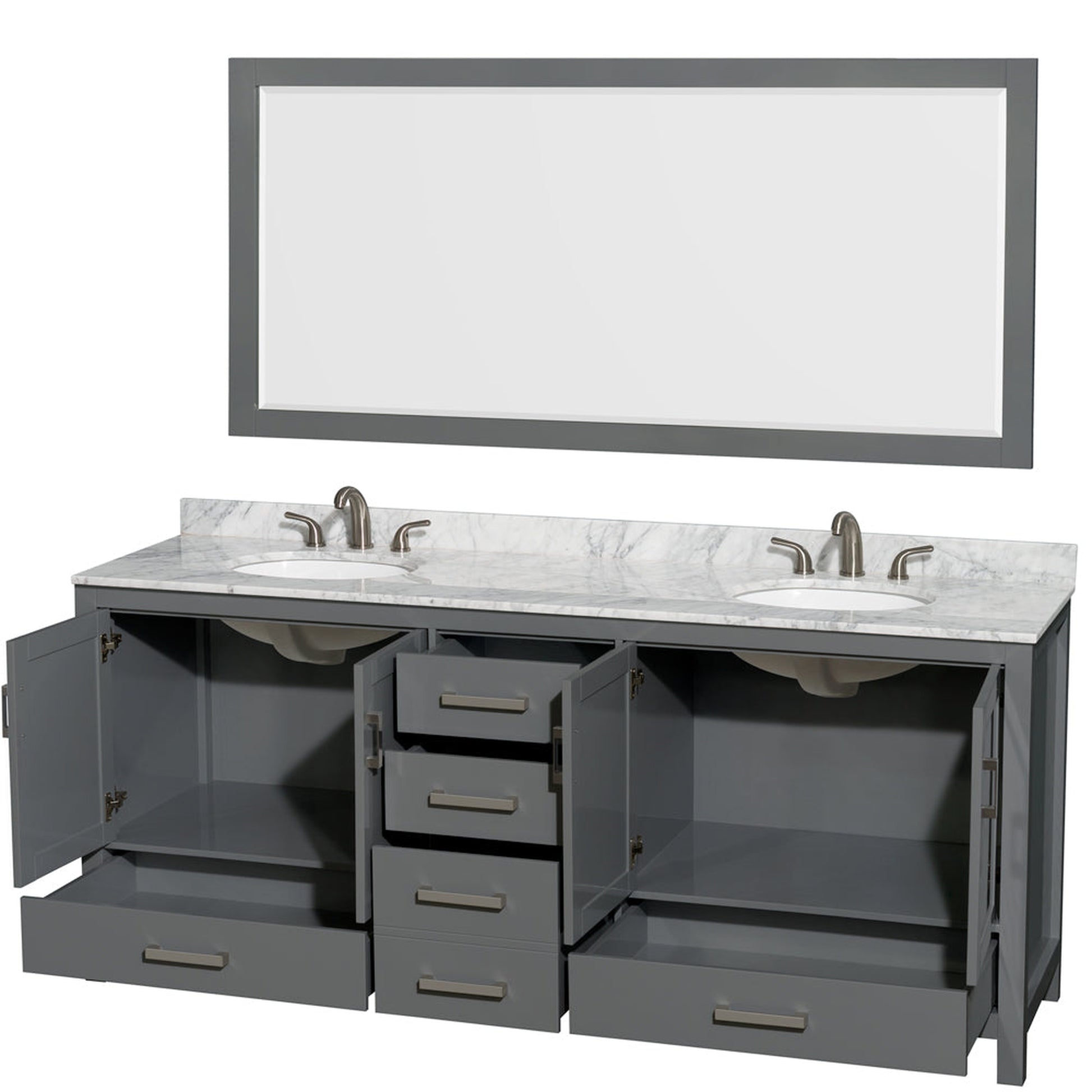 Wyndham Collection Sheffield 80" Double Bathroom Vanity in Dark Gray, White Carrara Marble Countertop, Undermount Oval Sinks, and 70" Mirror