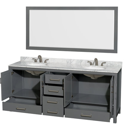 Wyndham Collection Sheffield 80" Double Bathroom Vanity in Dark Gray, White Carrara Marble Countertop, Undermount Oval Sinks, and 70" Mirror