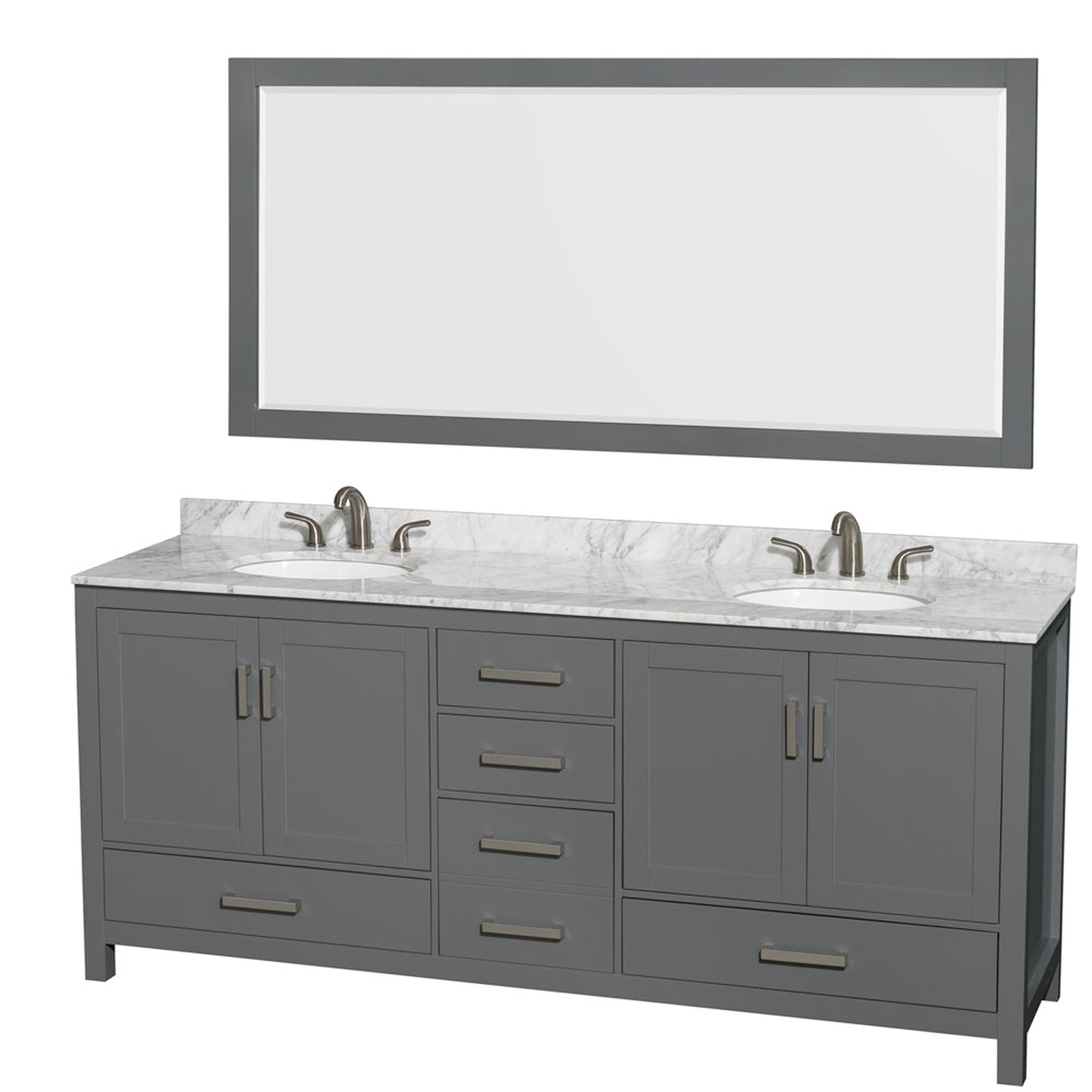 Wyndham Collection Sheffield 80" Double Bathroom Vanity in Dark Gray, White Carrara Marble Countertop, Undermount Oval Sinks, and 70" Mirror