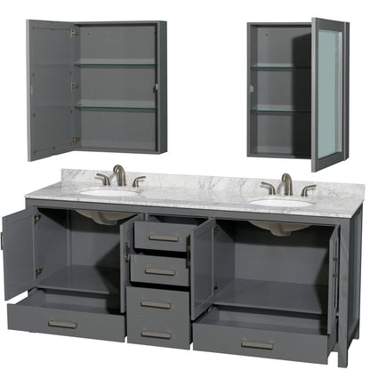 Wyndham Collection Sheffield 80" Double Bathroom Vanity in Dark Gray, White Carrara Marble Countertop, Undermount Oval Sinks, and Medicine Cabinet