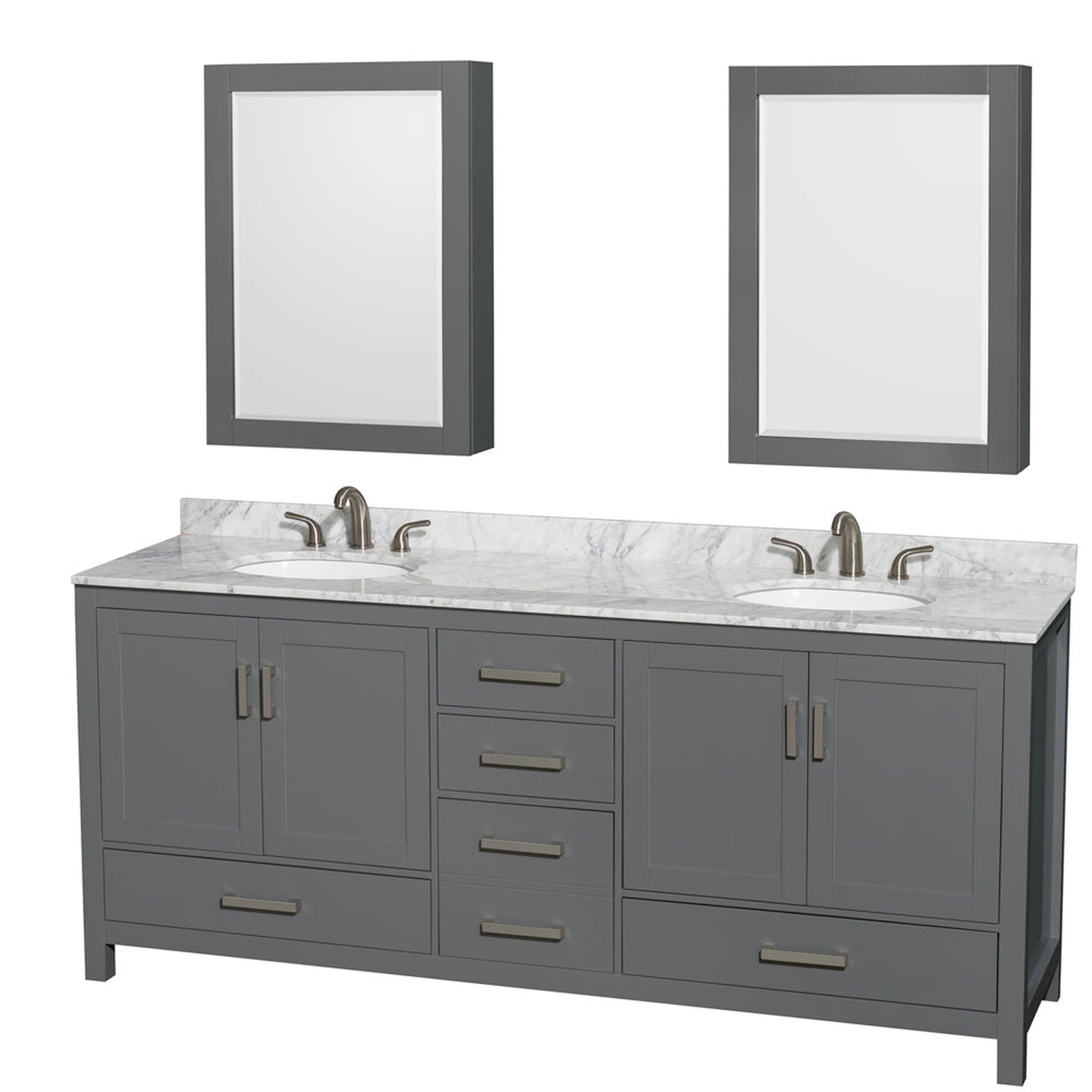 Wyndham Collection Sheffield 80" Double Bathroom Vanity in Dark Gray, White Carrara Marble Countertop, Undermount Oval Sinks, and Medicine Cabinet