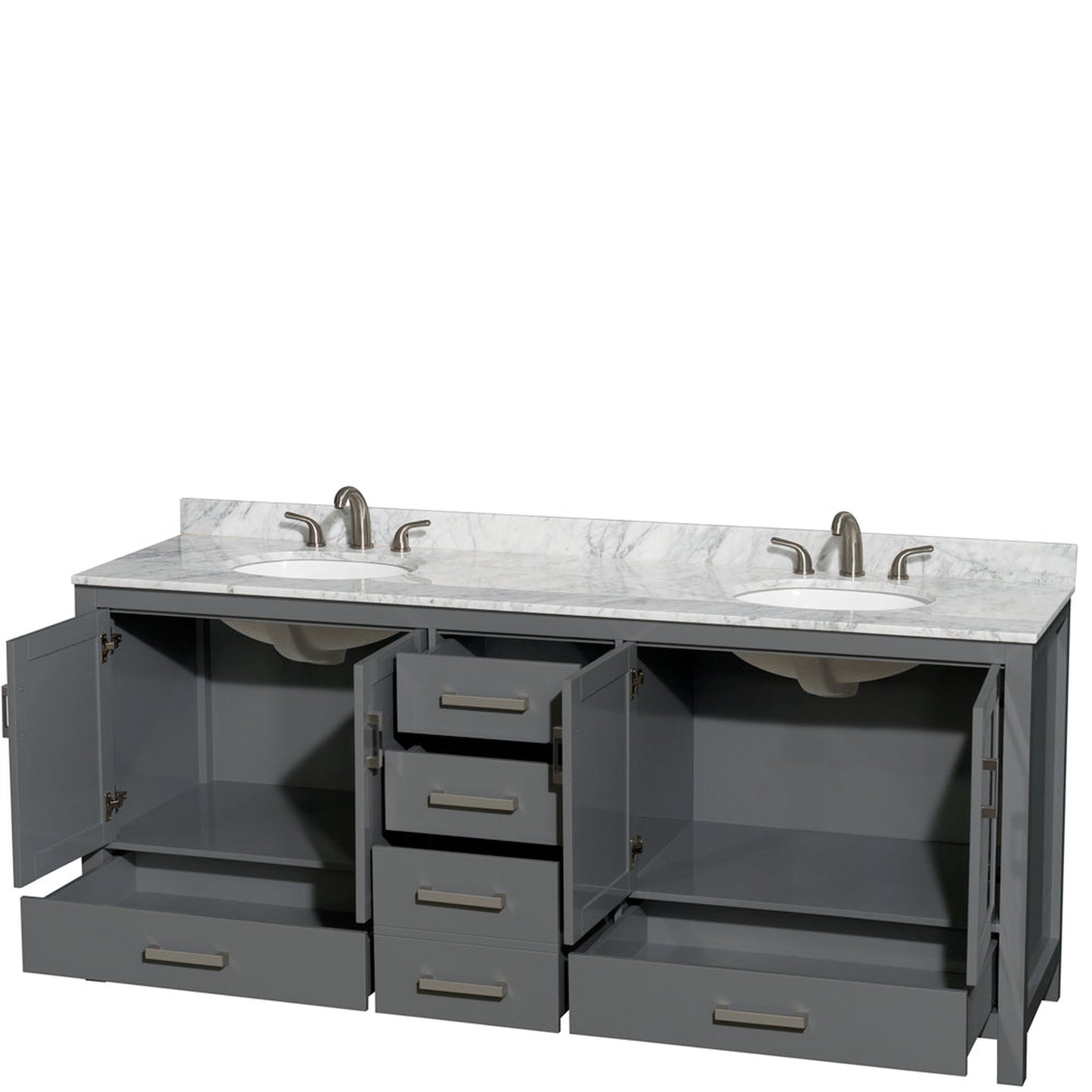 Wyndham Collection Sheffield 80" Double Bathroom Vanity in Dark Gray, White Carrara Marble Countertop, Undermount Oval Sinks, and No Mirror