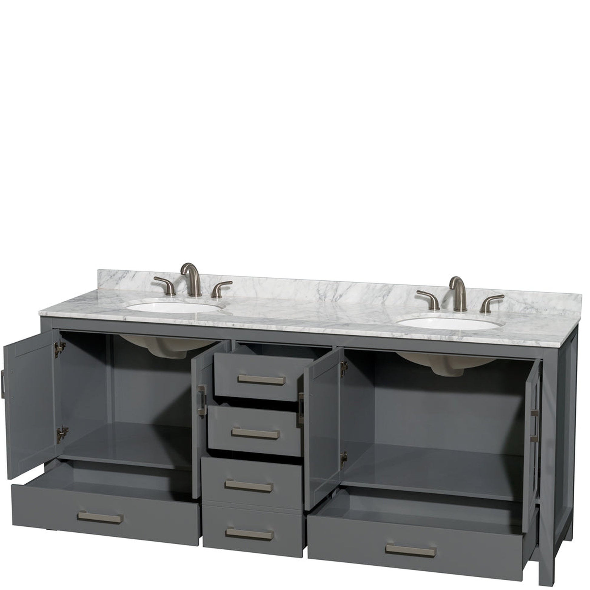 Wyndham Collection Sheffield 80" Double Bathroom Vanity in Dark Gray, White Carrara Marble Countertop, Undermount Oval Sinks, and No Mirror