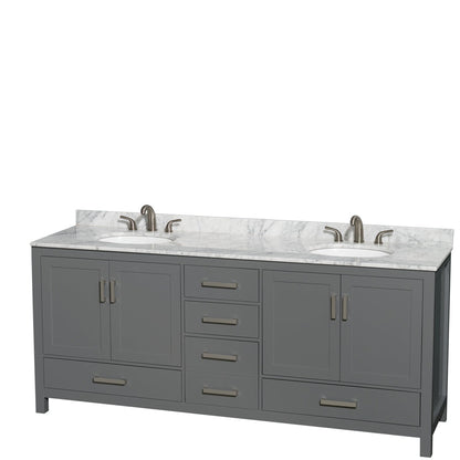 Wyndham Collection Sheffield 80" Double Bathroom Vanity in Dark Gray, White Carrara Marble Countertop, Undermount Oval Sinks, and No Mirror