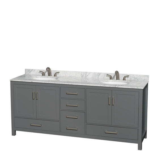 Wyndham Collection Sheffield 80" Double Bathroom Vanity in Dark Gray, White Carrara Marble Countertop, Undermount Oval Sinks, and No Mirror