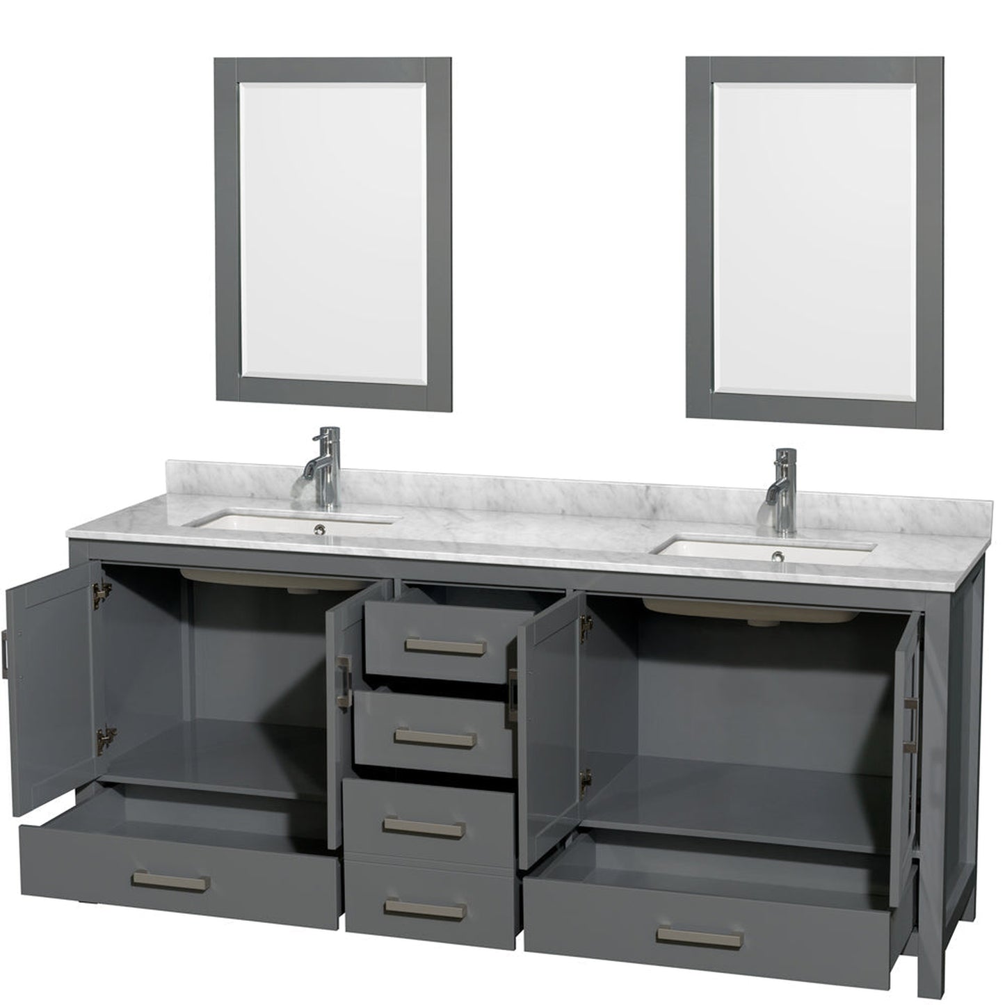 Wyndham Collection Sheffield 80" Double Bathroom Vanity in Dark Gray, White Carrara Marble Countertop, Undermount Square Sinks, and 24" Mirror
