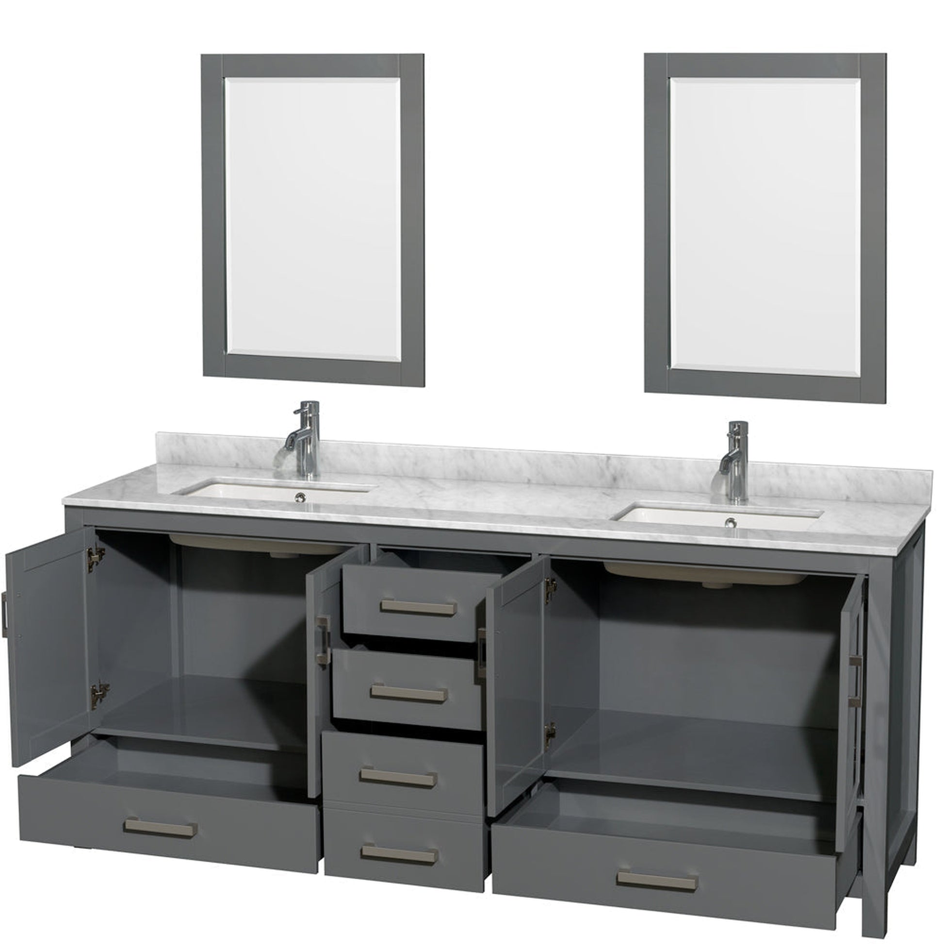 Wyndham Collection Sheffield 80" Double Bathroom Vanity in Dark Gray, White Carrara Marble Countertop, Undermount Square Sinks, and 24" Mirror