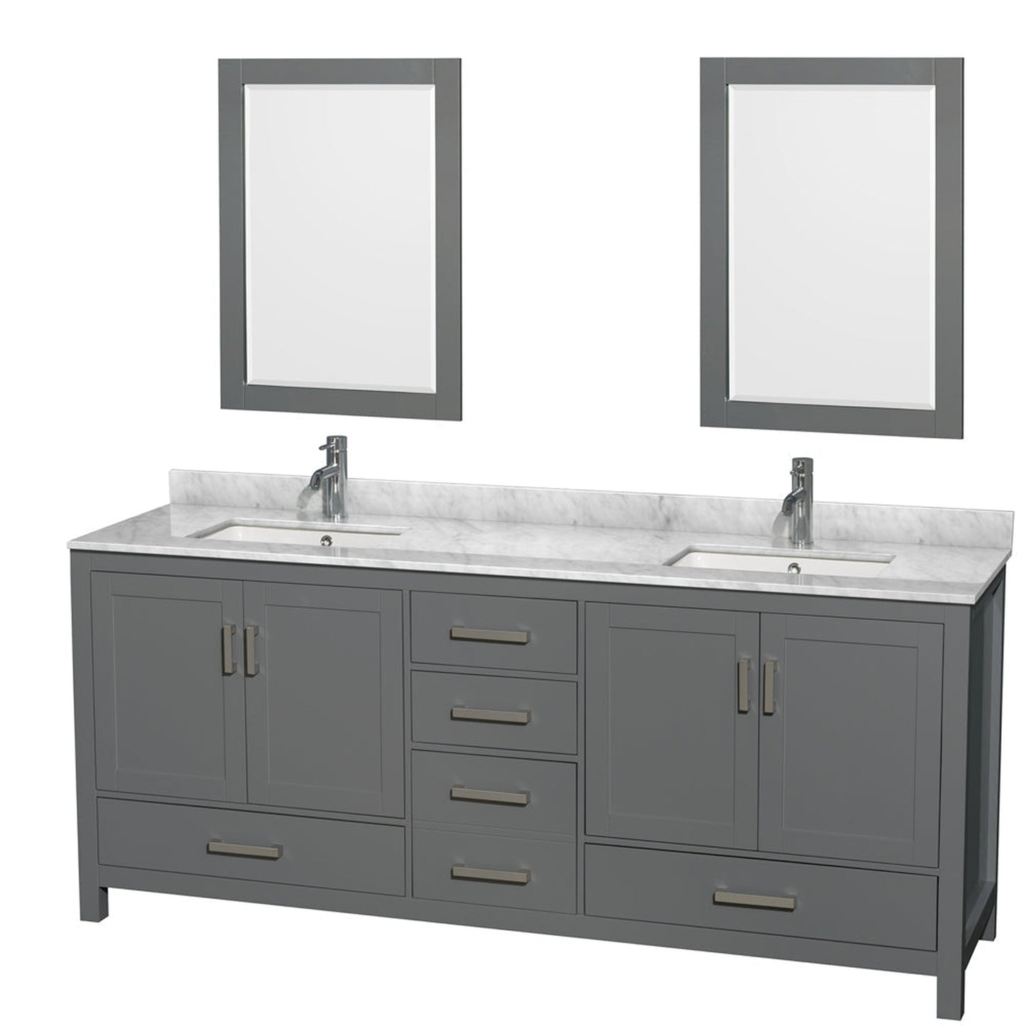 Wyndham Collection Sheffield 80" Double Bathroom Vanity in Dark Gray, White Carrara Marble Countertop, Undermount Square Sinks, and 24" Mirror