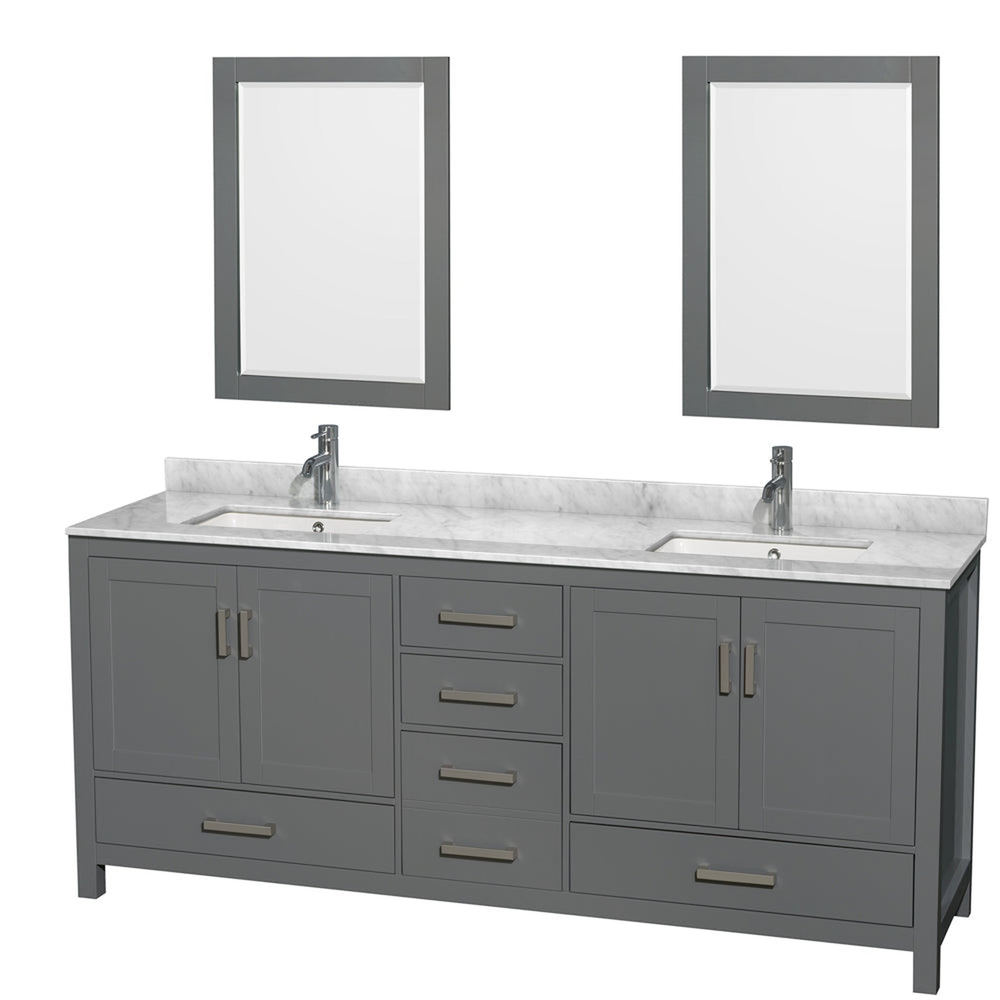 Wyndham Collection Sheffield 80" Double Bathroom Vanity in Dark Gray, White Carrara Marble Countertop, Undermount Square Sinks, and 24" Mirror