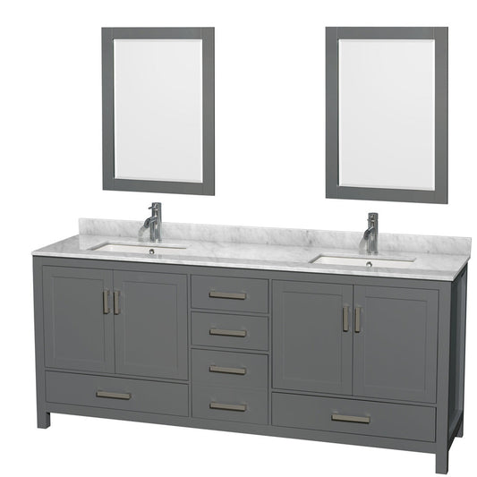 Wyndham Collection Sheffield 80" Double Bathroom Vanity in Dark Gray, White Carrara Marble Countertop, Undermount Square Sinks, and 24" Mirror