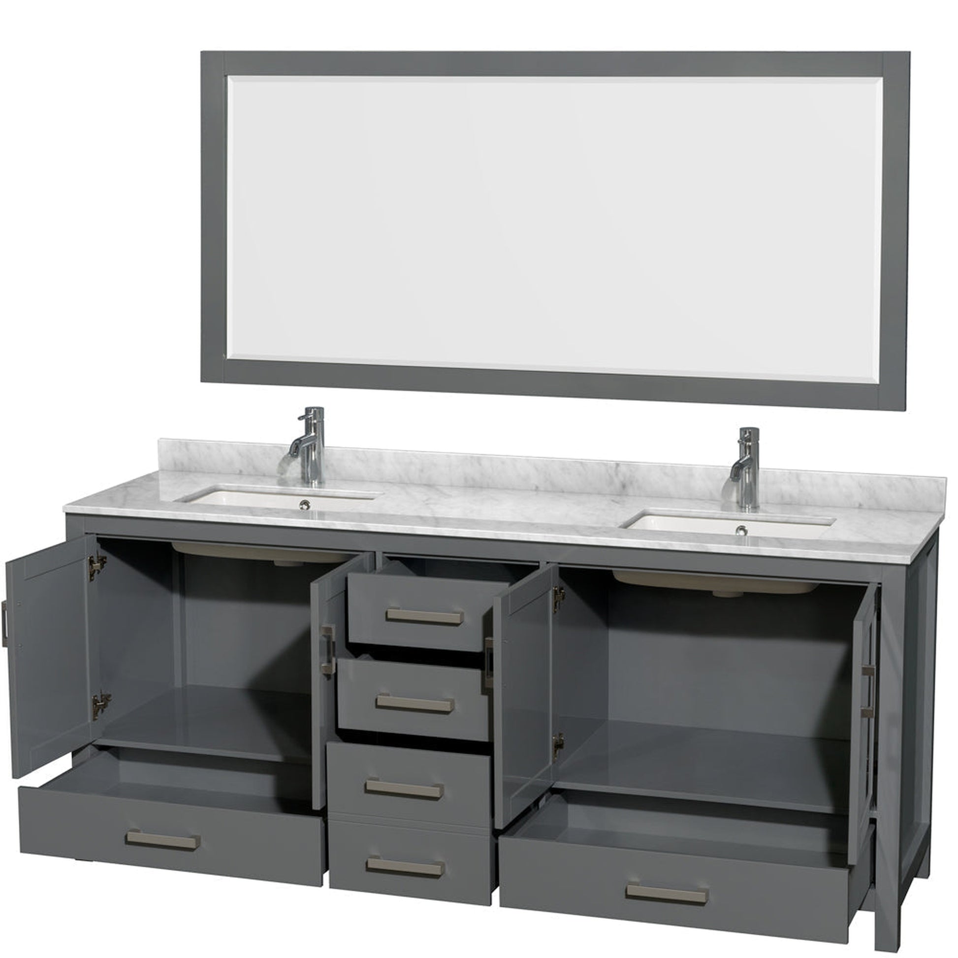 Wyndham Collection Sheffield 80" Double Bathroom Vanity in Dark Gray, White Carrara Marble Countertop, Undermount Square Sinks, and 70" Mirror