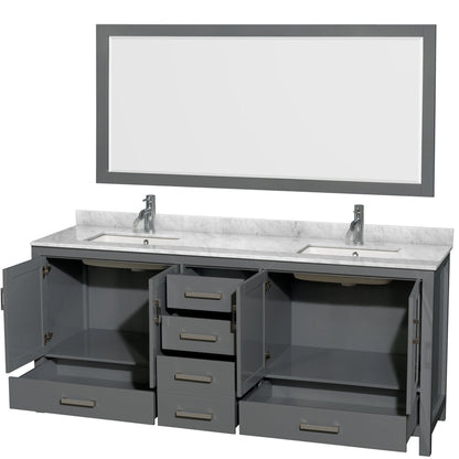 Wyndham Collection Sheffield 80" Double Bathroom Vanity in Dark Gray, White Carrara Marble Countertop, Undermount Square Sinks, and 70" Mirror