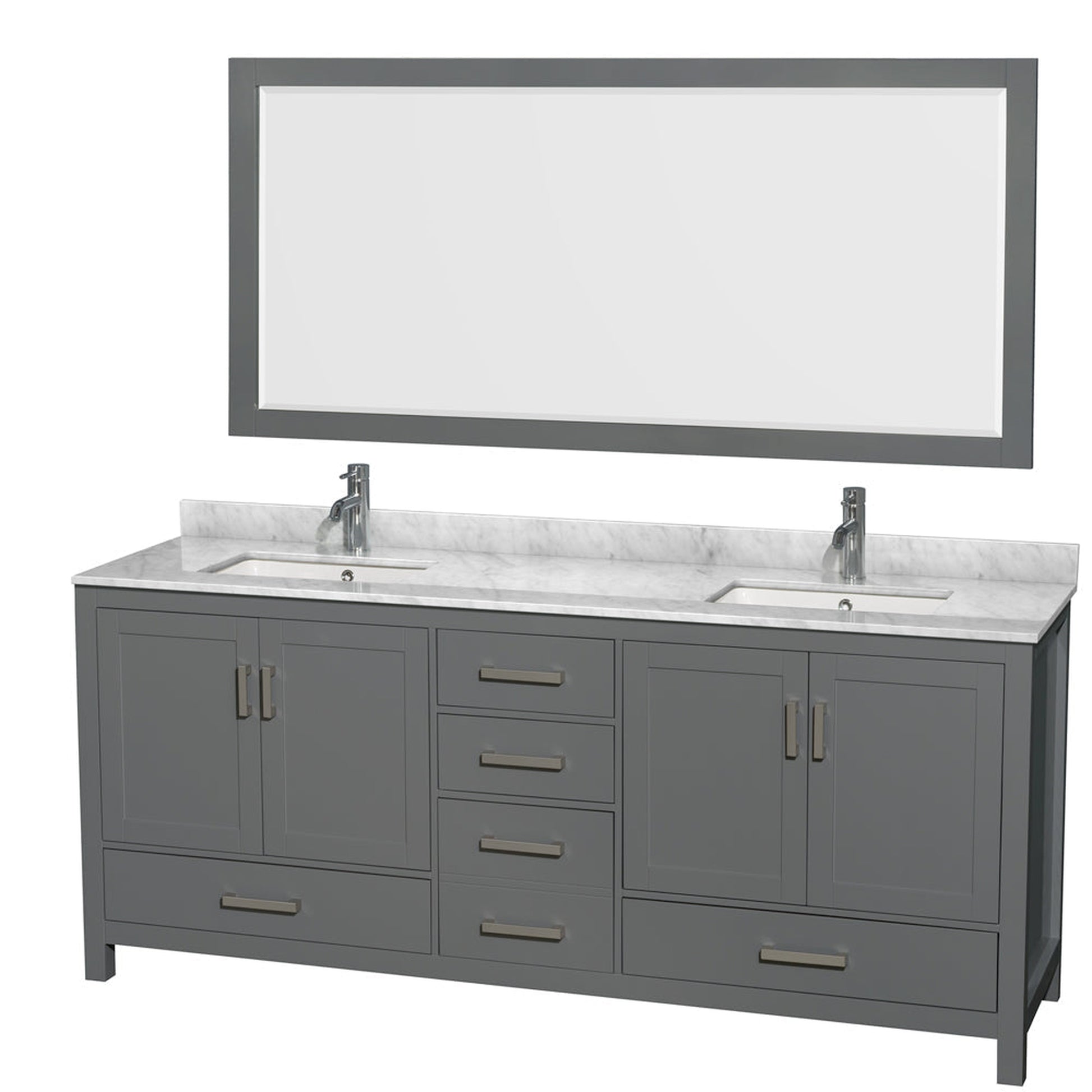 Wyndham Collection Sheffield 80" Double Bathroom Vanity in Dark Gray, White Carrara Marble Countertop, Undermount Square Sinks, and 70" Mirror