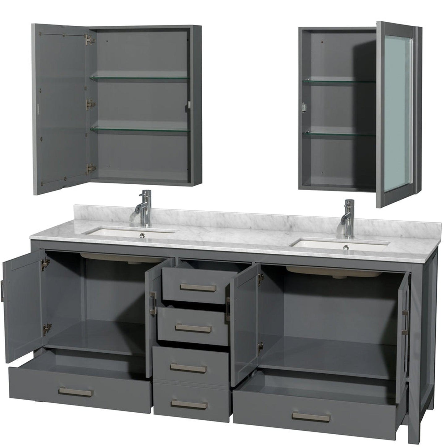 Wyndham Collection Sheffield 80" Double Bathroom Vanity in Dark Gray, White Carrara Marble Countertop, Undermount Square Sinks, and Medicine Cabinet