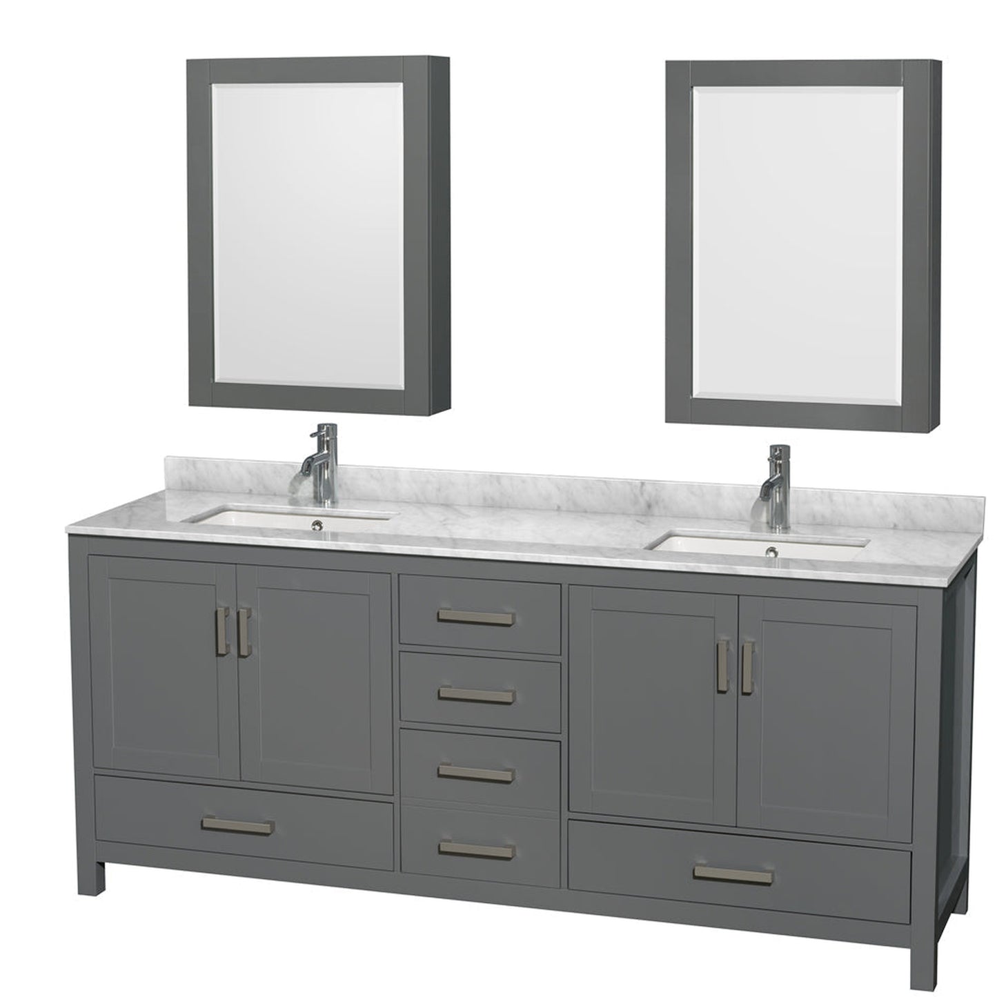 Wyndham Collection Sheffield 80" Double Bathroom Vanity in Dark Gray, White Carrara Marble Countertop, Undermount Square Sinks, and Medicine Cabinet