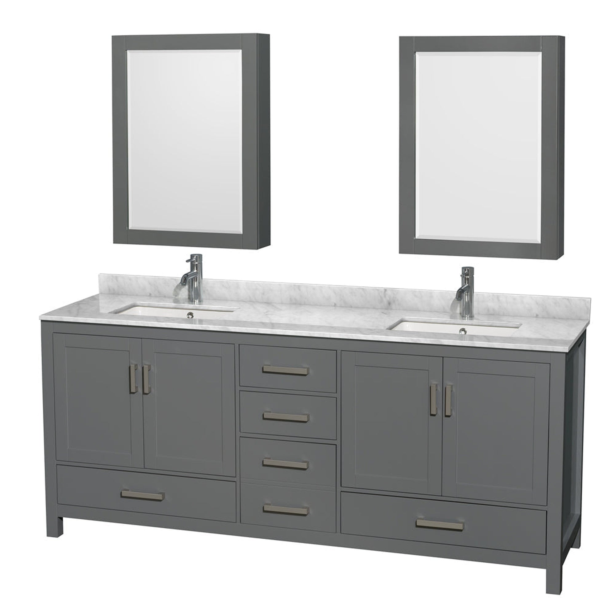 Wyndham Collection Sheffield 80" Double Bathroom Vanity in Dark Gray, White Carrara Marble Countertop, Undermount Square Sinks, and Medicine Cabinet