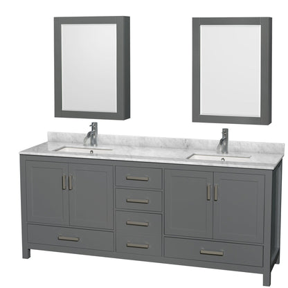 Wyndham Collection Sheffield 80" Double Bathroom Vanity in Dark Gray, White Carrara Marble Countertop, Undermount Square Sinks, and Medicine Cabinet