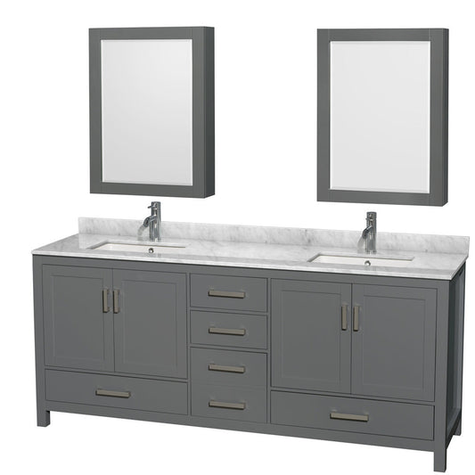 Wyndham Collection Sheffield 80" Double Bathroom Vanity in Dark Gray, White Carrara Marble Countertop, Undermount Square Sinks, and Medicine Cabinet