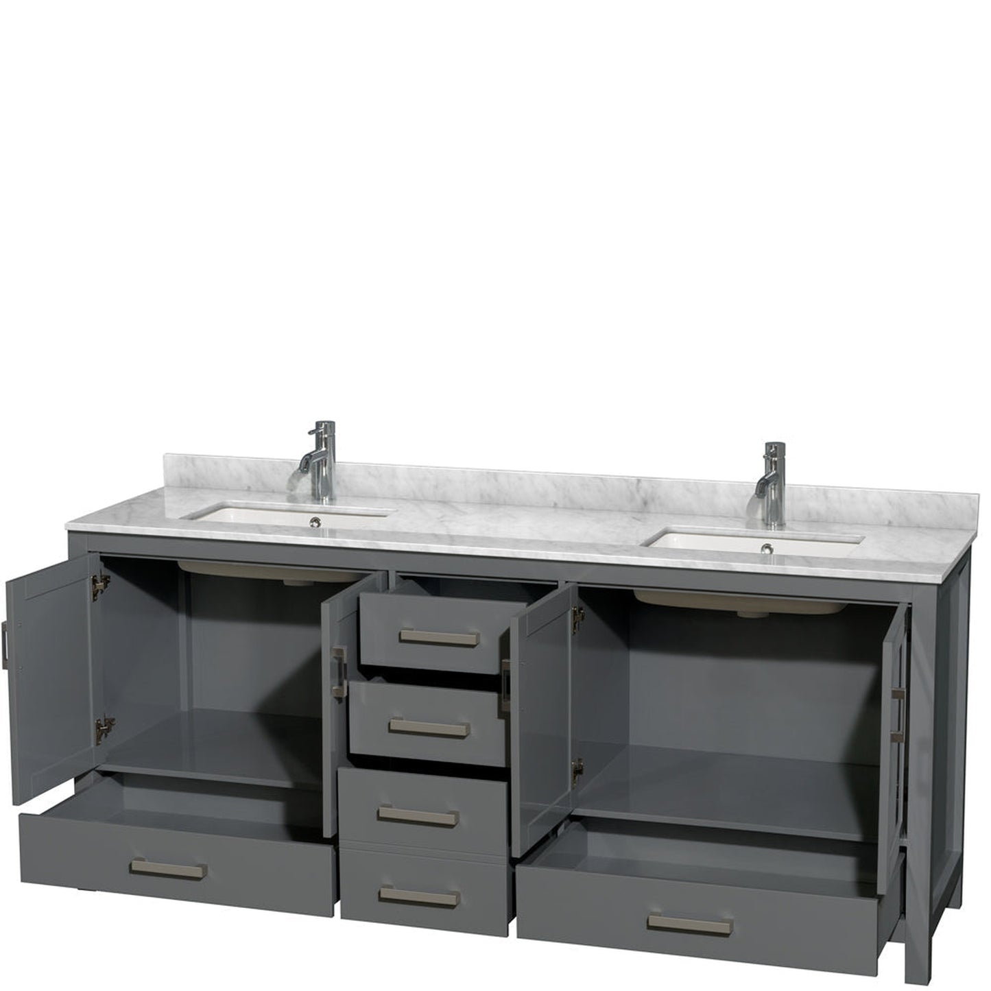 Wyndham Collection Sheffield 80" Double Bathroom Vanity in Dark Gray, White Carrara Marble Countertop, Undermount Square Sinks, and No Mirror