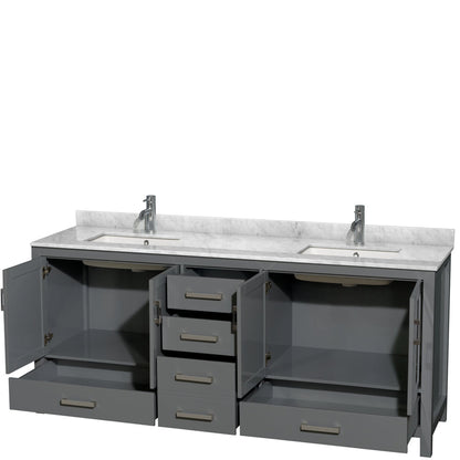 Wyndham Collection Sheffield 80" Double Bathroom Vanity in Dark Gray, White Carrara Marble Countertop, Undermount Square Sinks, and No Mirror