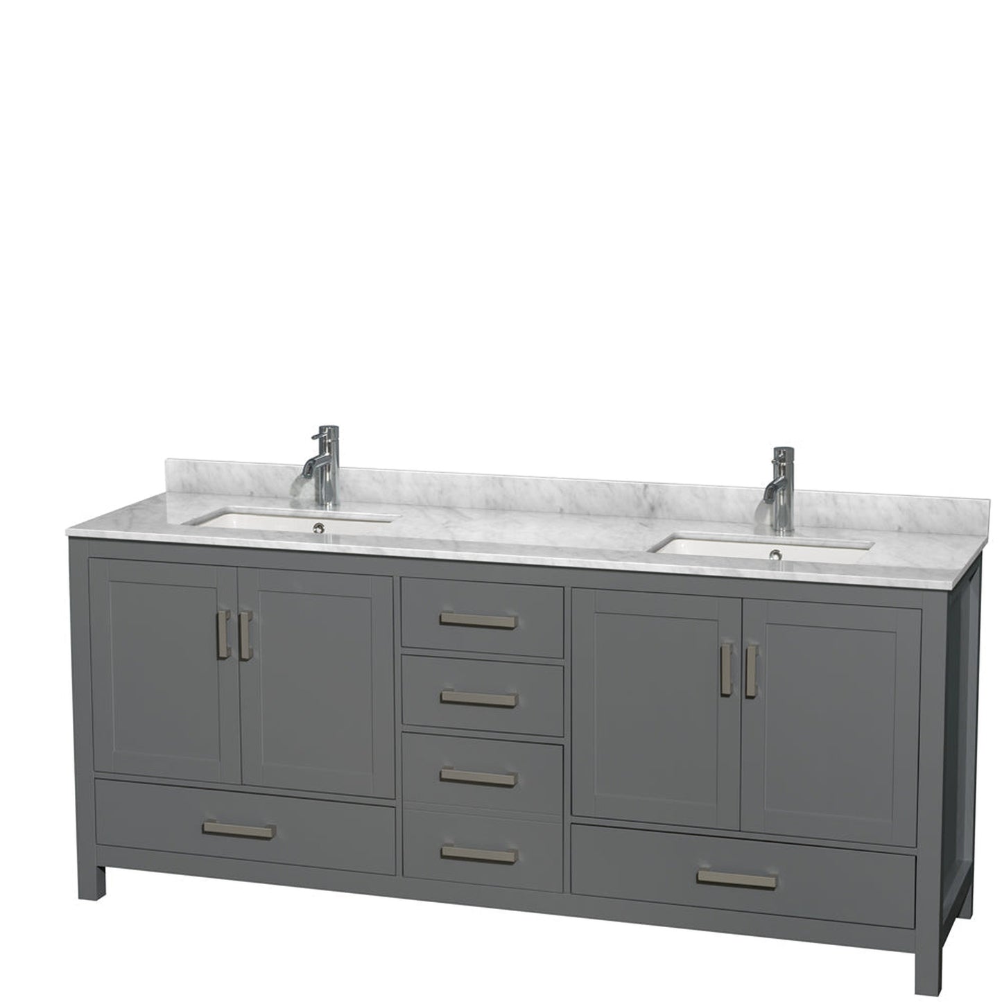 Wyndham Collection Sheffield 80" Double Bathroom Vanity in Dark Gray, White Carrara Marble Countertop, Undermount Square Sinks, and No Mirror