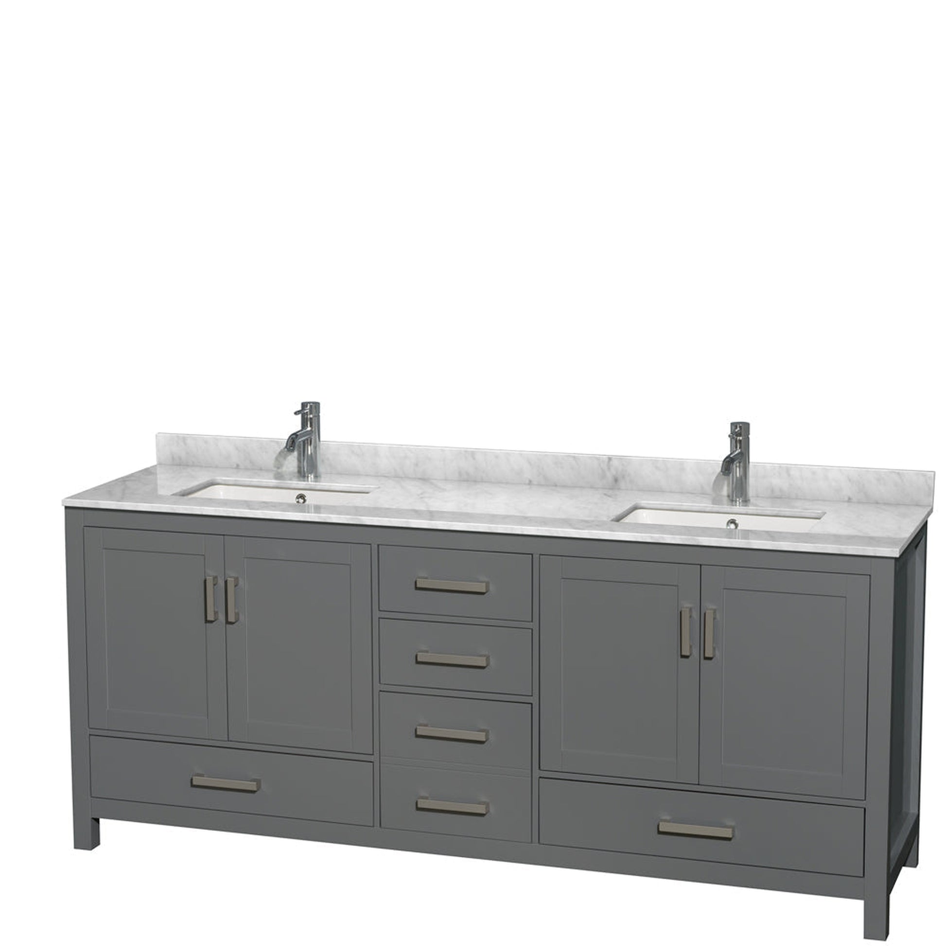 Wyndham Collection Sheffield 80" Double Bathroom Vanity in Dark Gray, White Carrara Marble Countertop, Undermount Square Sinks, and No Mirror