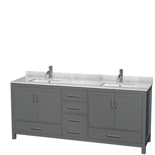Wyndham Collection Sheffield 80" Double Bathroom Vanity in Dark Gray, White Carrara Marble Countertop, Undermount Square Sinks, and No Mirror