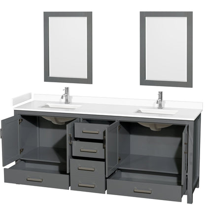 Wyndham Collection Sheffield 80" Double Bathroom Vanity in Dark Gray, White Cultured Marble Countertop, Undermount Square Sinks, 24" Mirror