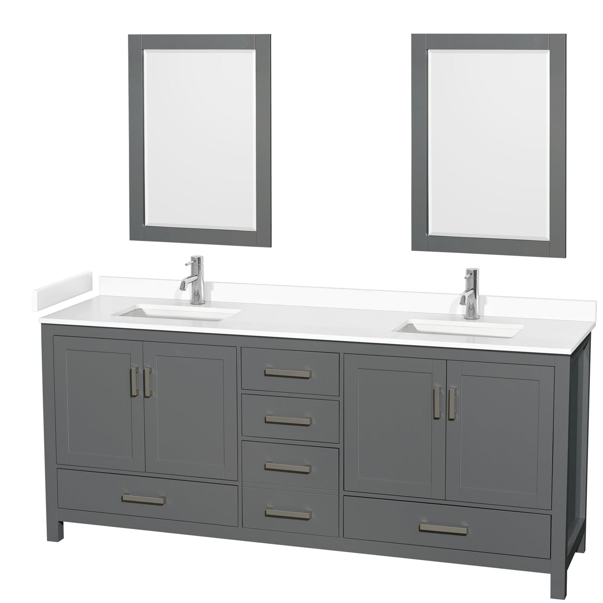 Wyndham Collection Sheffield 80" Double Bathroom Vanity in Dark Gray, White Cultured Marble Countertop, Undermount Square Sinks, 24" Mirror