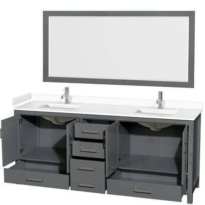 Wyndham Collection Sheffield 80" Double Bathroom Vanity in Dark Gray, White Cultured Marble Countertop, Undermount Square Sinks, 70" Mirror