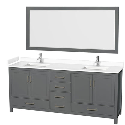 Wyndham Collection Sheffield 80" Double Bathroom Vanity in Dark Gray, White Cultured Marble Countertop, Undermount Square Sinks, 70" Mirror