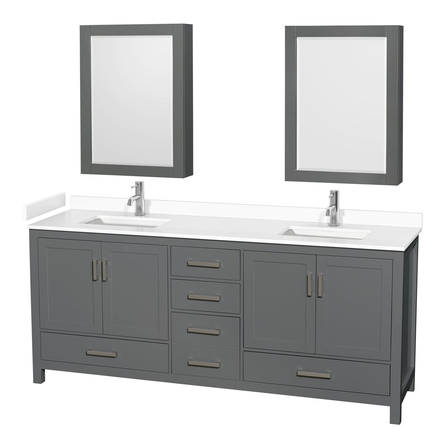 Wyndham Collection Sheffield 80" Double Bathroom Vanity in Dark Gray, White Cultured Marble Countertop, Undermount Square Sinks, Medicine Cabinet