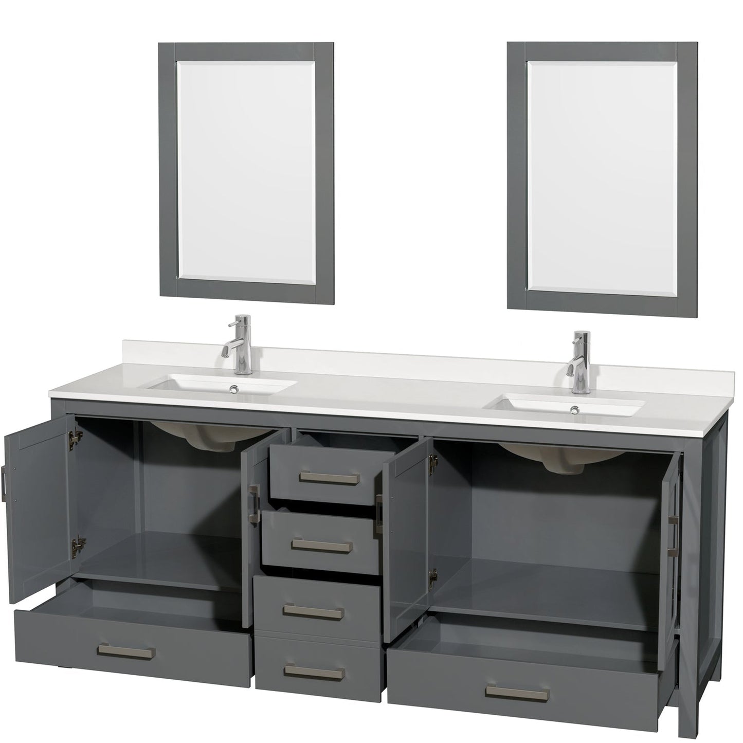 Wyndham Collection Sheffield 80" Double Bathroom Vanity in Dark Gray, White Quartz Countertop, Undermount Square Sinks, 24" Mirror