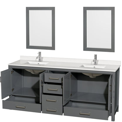 Wyndham Collection Sheffield 80" Double Bathroom Vanity in Dark Gray, White Quartz Countertop, Undermount Square Sinks, 24" Mirror