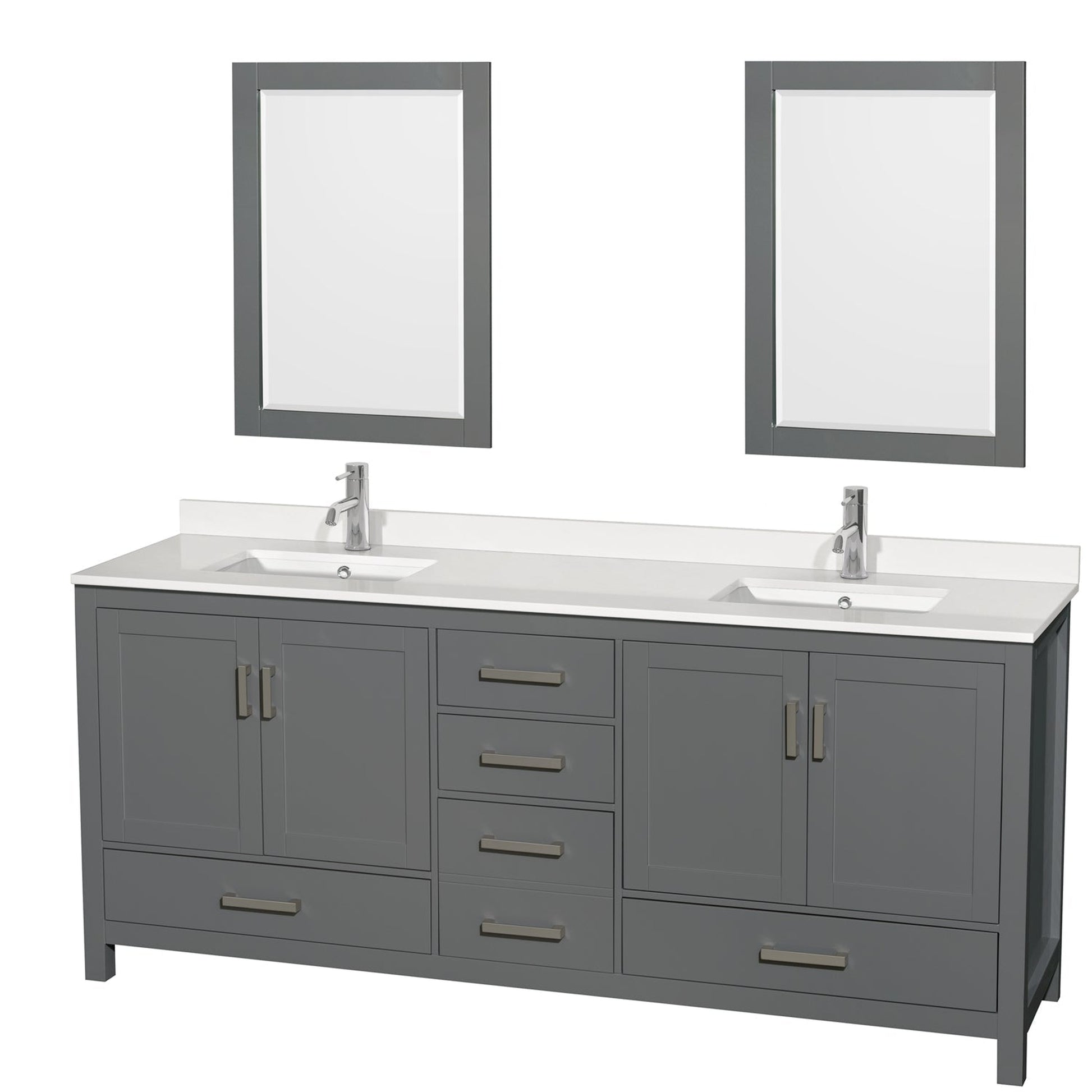 Wyndham Collection Sheffield 80" Double Bathroom Vanity in Dark Gray, White Quartz Countertop, Undermount Square Sinks, 24" Mirror
