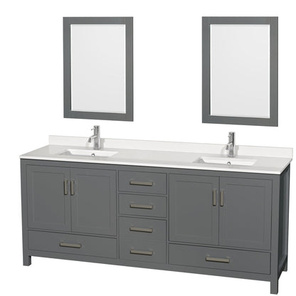 Wyndham Collection Sheffield 80" Double Bathroom Vanity in Dark Gray, White Quartz Countertop, Undermount Square Sinks, 24" Mirror