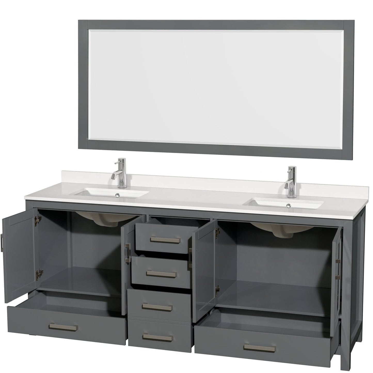 Wyndham Collection Sheffield 80" Double Bathroom Vanity in Dark Gray, White Quartz Countertop, Undermount Square Sinks, 70" Mirror