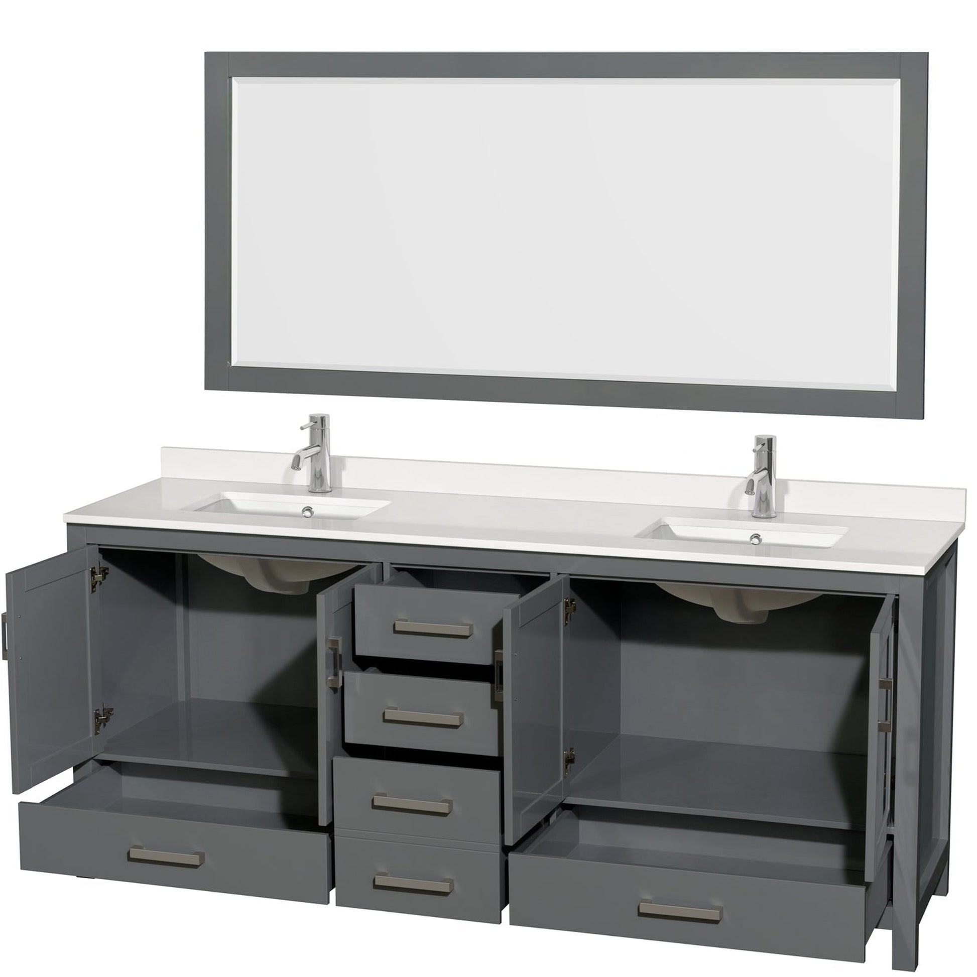 Wyndham Collection Sheffield 80" Double Bathroom Vanity in Dark Gray, White Quartz Countertop, Undermount Square Sinks, 70" Mirror