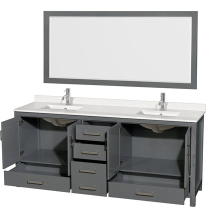 Wyndham Collection Sheffield 80" Double Bathroom Vanity in Dark Gray, White Quartz Countertop, Undermount Square Sinks, 70" Mirror