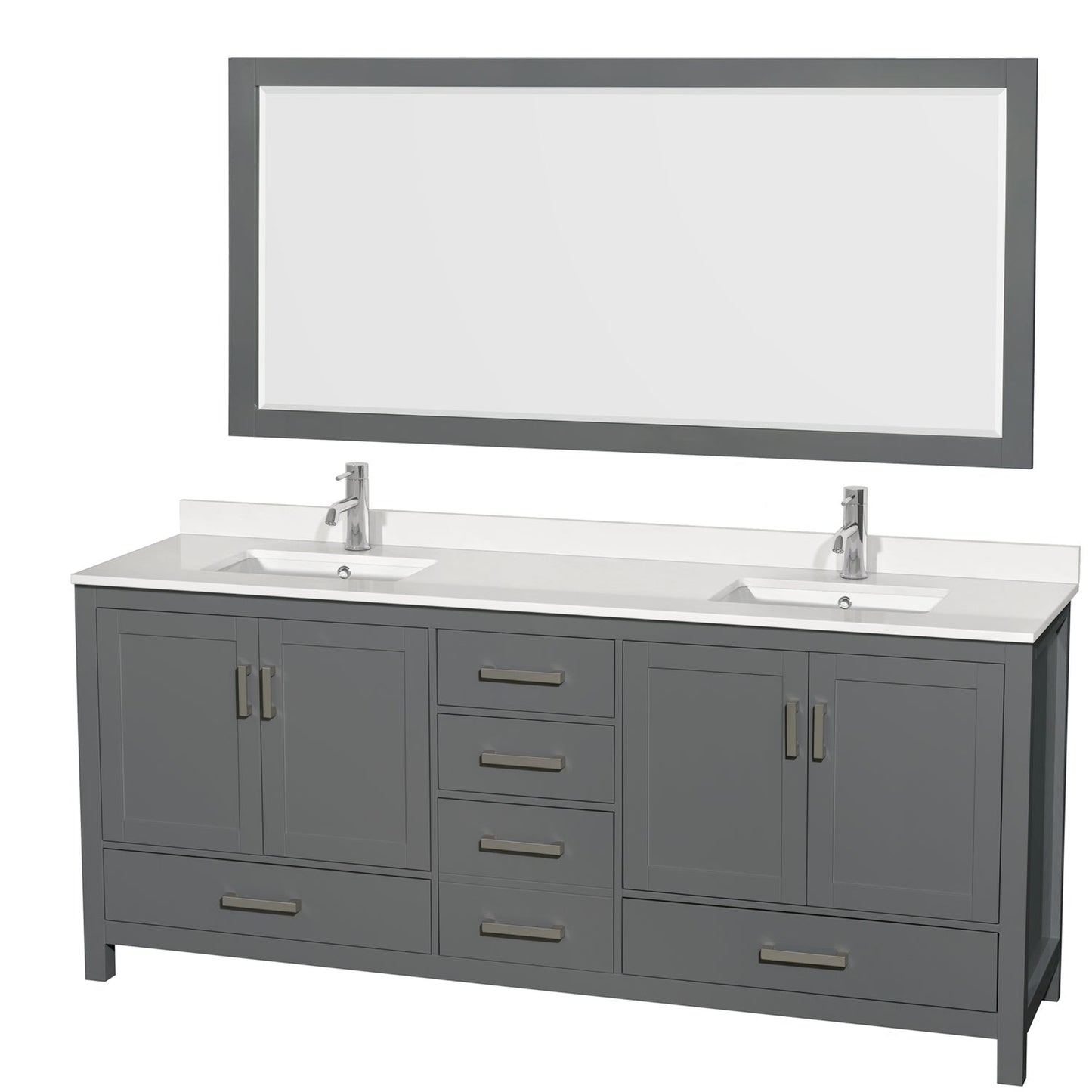 Wyndham Collection Sheffield 80" Double Bathroom Vanity in Dark Gray, White Quartz Countertop, Undermount Square Sinks, 70" Mirror