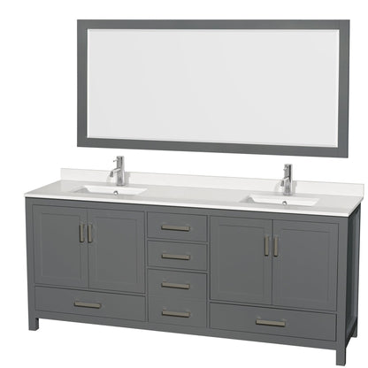 Wyndham Collection Sheffield 80" Double Bathroom Vanity in Dark Gray, White Quartz Countertop, Undermount Square Sinks, 70" Mirror