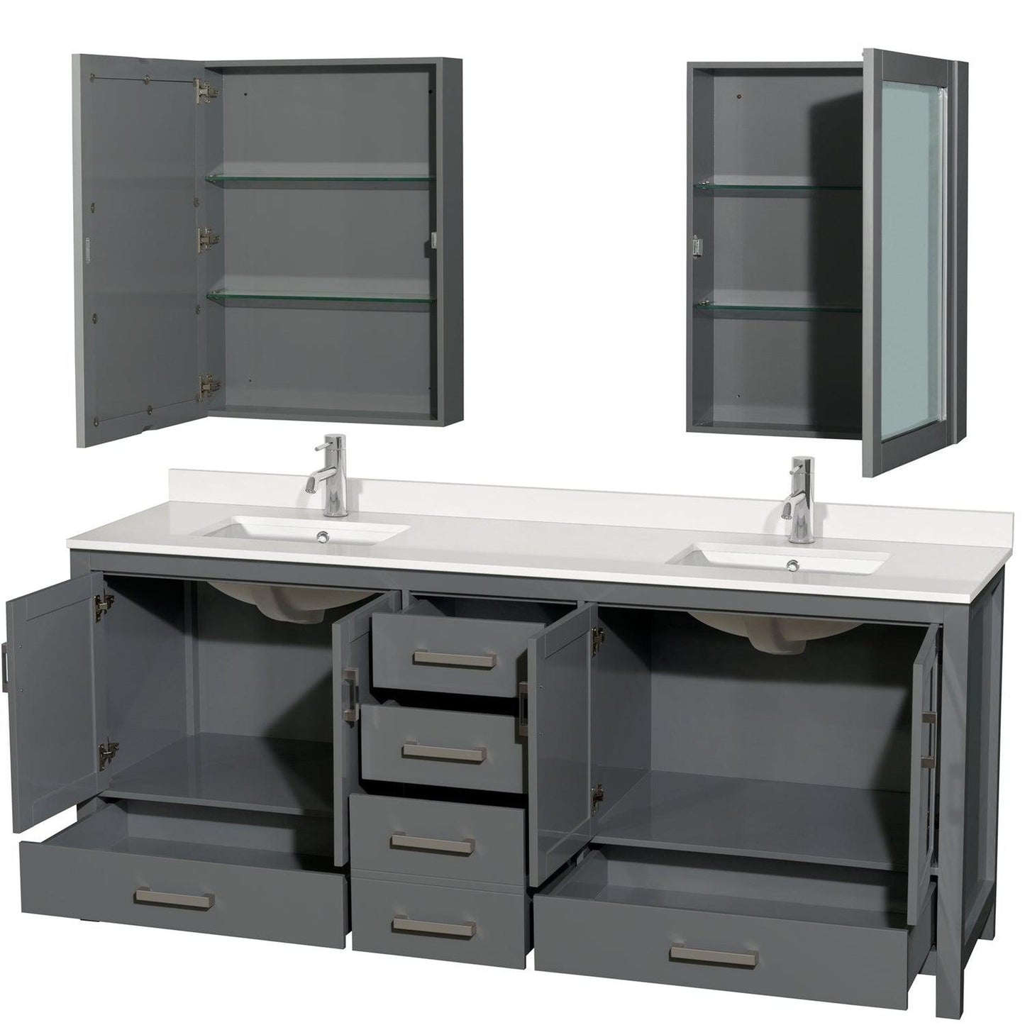 Wyndham Collection Sheffield 80" Double Bathroom Vanity in Dark Gray, White Quartz Countertop, Undermount Square Sinks, Medicine Cabinet