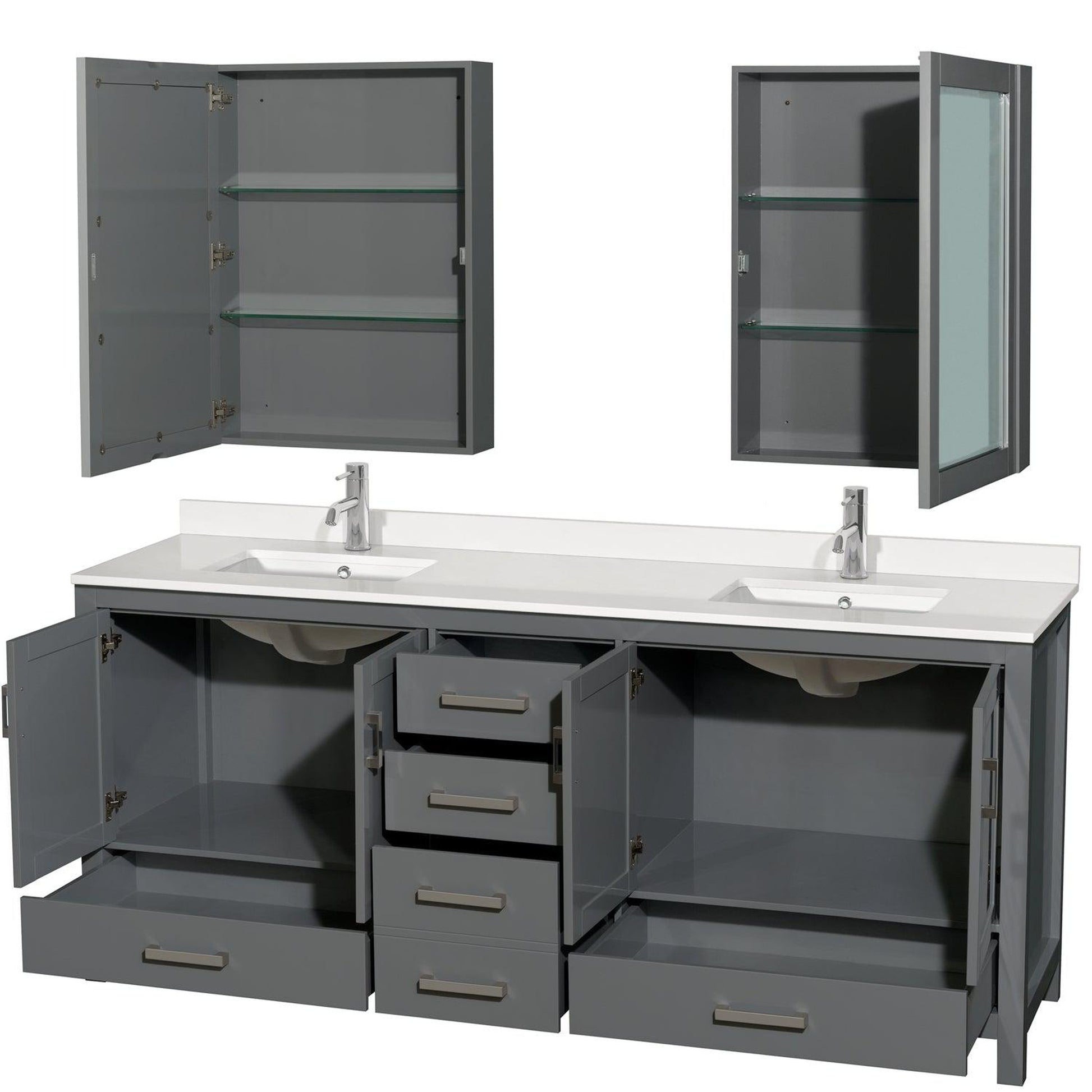 Wyndham Collection Sheffield 80" Double Bathroom Vanity in Dark Gray, White Quartz Countertop, Undermount Square Sinks, Medicine Cabinet