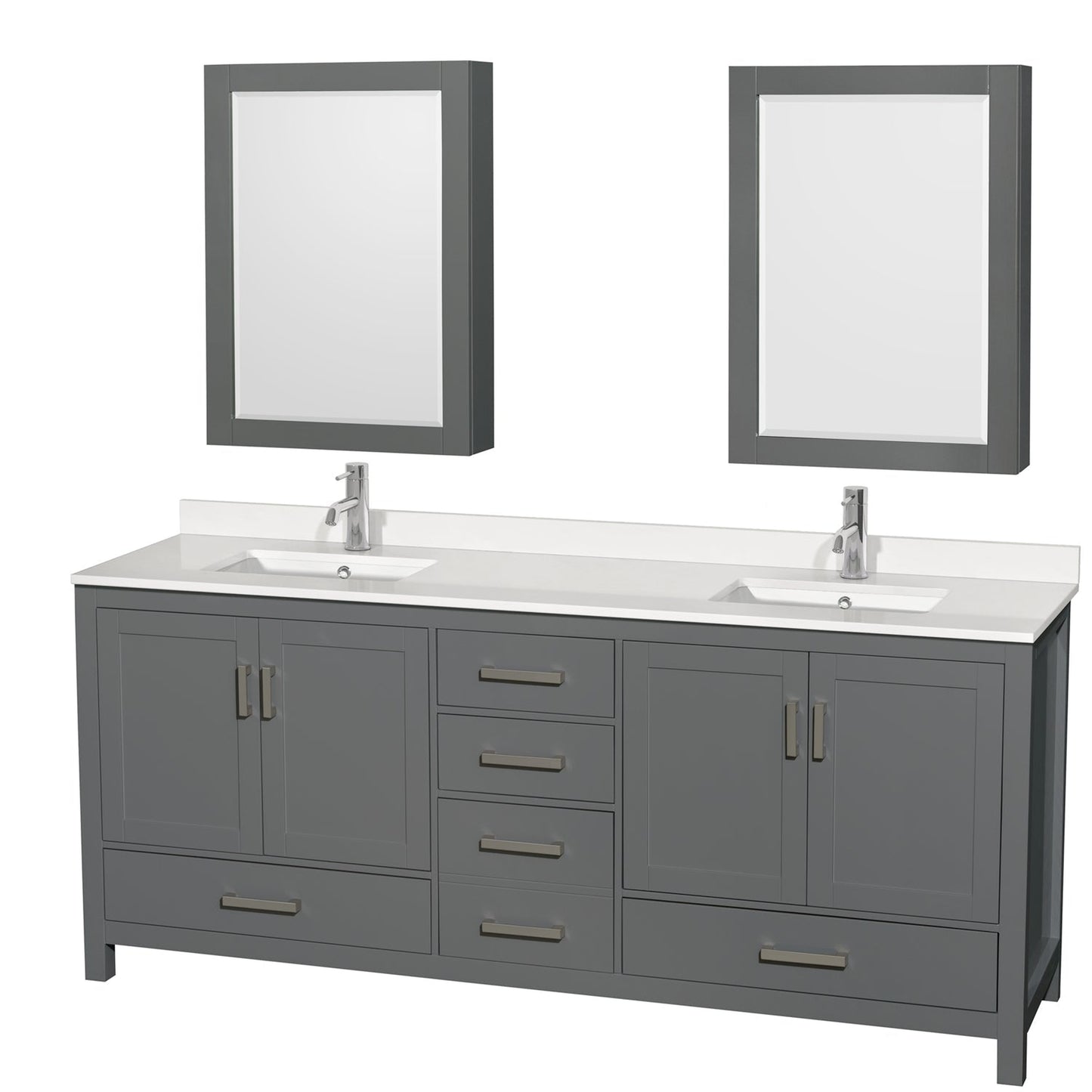 Wyndham Collection Sheffield 80" Double Bathroom Vanity in Dark Gray, White Quartz Countertop, Undermount Square Sinks, Medicine Cabinet
