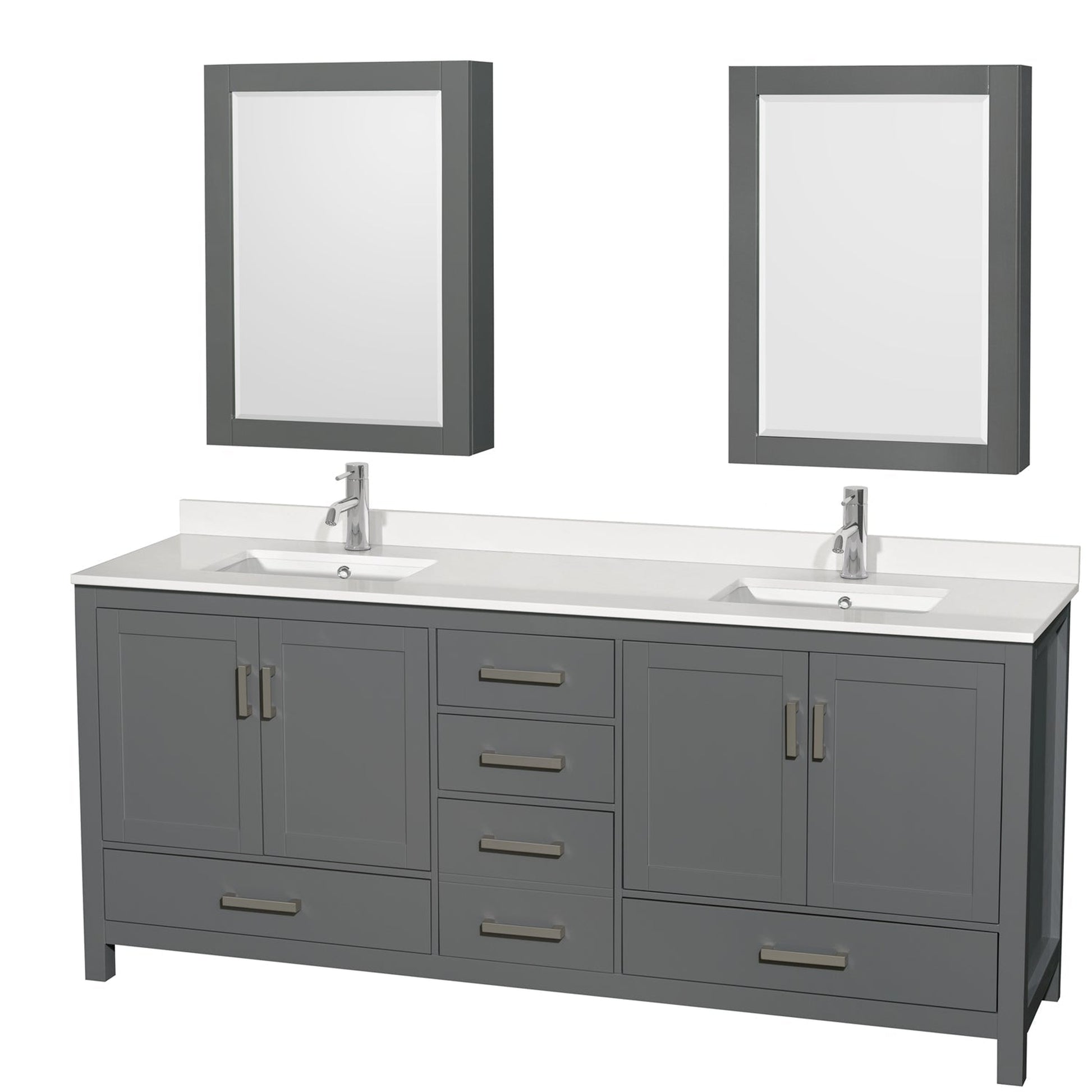 Wyndham Collection Sheffield 80" Double Bathroom Vanity in Dark Gray, White Quartz Countertop, Undermount Square Sinks, Medicine Cabinet