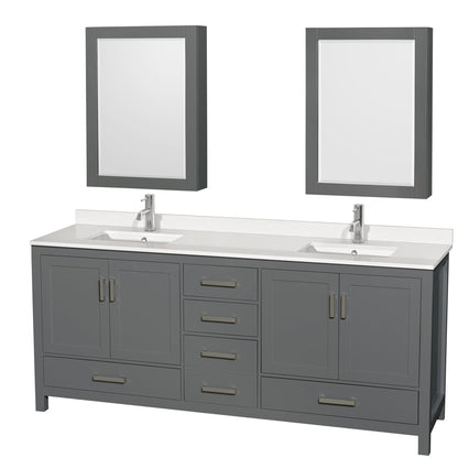 Wyndham Collection Sheffield 80" Double Bathroom Vanity in Dark Gray, White Quartz Countertop, Undermount Square Sinks, Medicine Cabinet