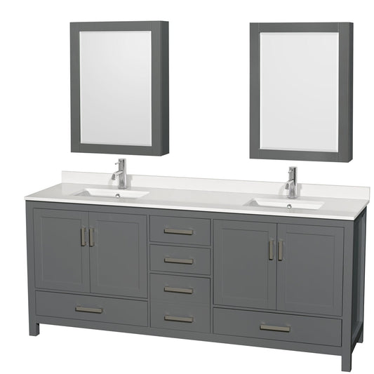 Wyndham Collection Sheffield 80" Double Bathroom Vanity in Dark Gray, White Quartz Countertop, Undermount Square Sinks, Medicine Cabinet