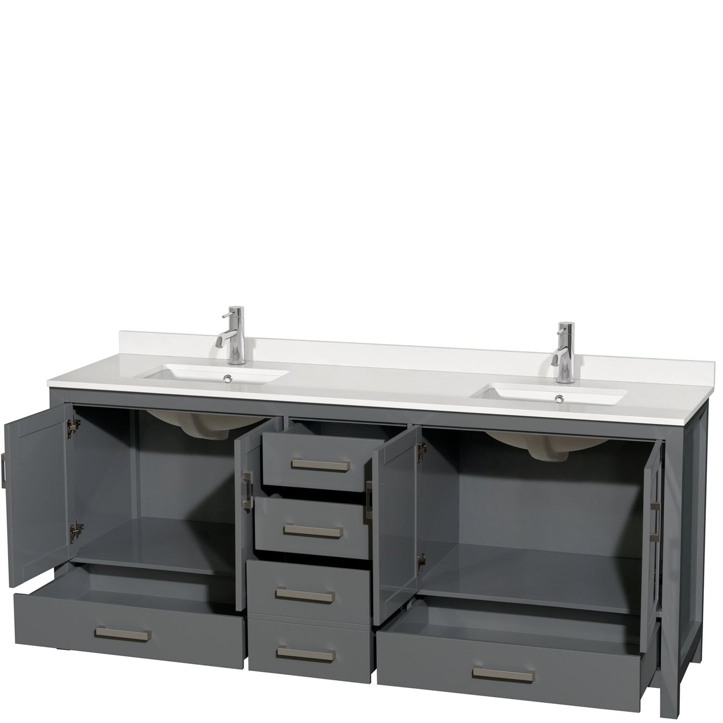 Wyndham Collection Sheffield 80" Double Bathroom Vanity in Dark Gray, White Quartz Countertop, Undermount Square Sinks, No Mirror