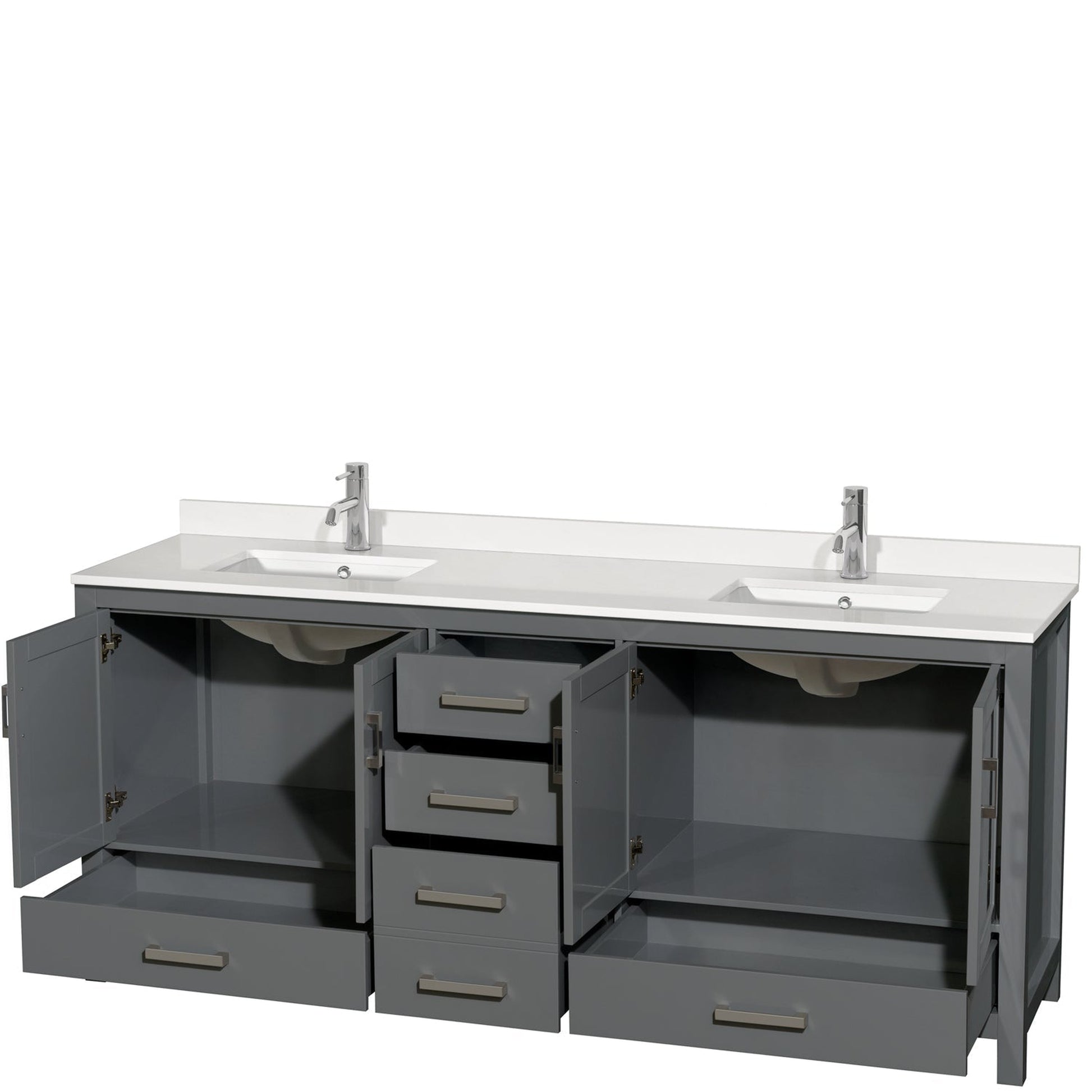 Wyndham Collection Sheffield 80" Double Bathroom Vanity in Dark Gray, White Quartz Countertop, Undermount Square Sinks, No Mirror