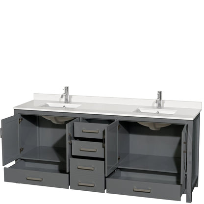 Wyndham Collection Sheffield 80" Double Bathroom Vanity in Dark Gray, White Quartz Countertop, Undermount Square Sinks, No Mirror